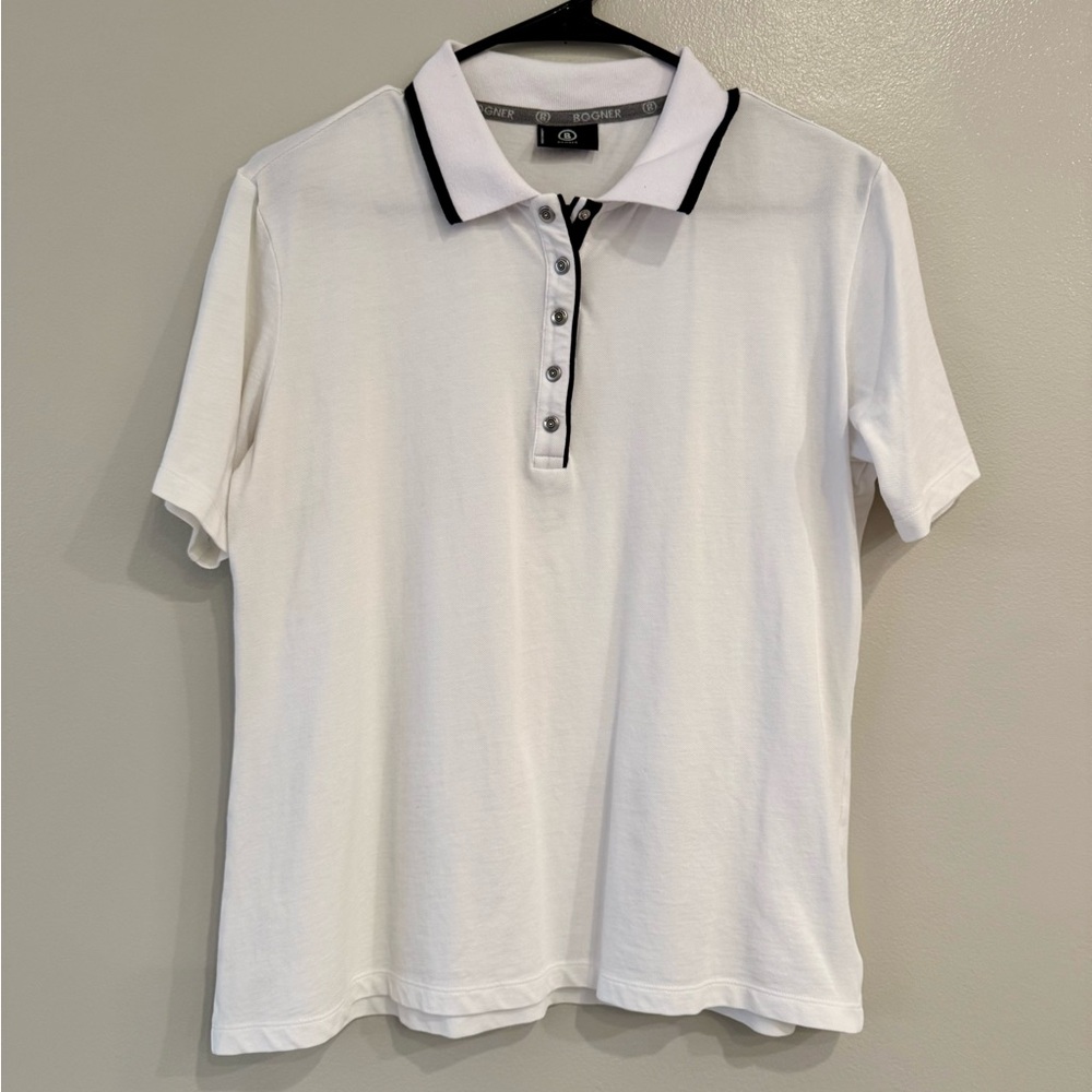 Bogner White Performance Golf Polo | Rhinestone Logo | Size L